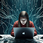 **

A stressed person surrounded by digital devices (laptop, phone, tablet) with passwords floating around them like chaotic data streams. The scene conveys a feeling of being overwhelmed by password management. The color palette should be dark and ominous, highlighting the anxiety around online security.

**