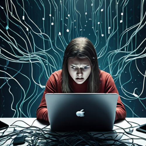 Home 18 **
A stressed person surrounded by digital devices (laptop, phone, tablet) with passwords floating around them like chaotic data streams. The scene conveys a feeling of being overwhelmed by password management. The color palette should be dark and ominous, highlighting the anxiety around online security.
**