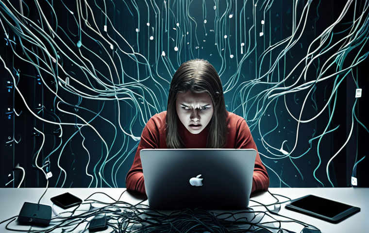 **
A stressed person surrounded by digital devices (laptop, phone, tablet) with passwords floating around them like chaotic data streams. The scene conveys a feeling of being overwhelmed by password management. The color palette should be dark and ominous, highlighting the anxiety around online security.
**
