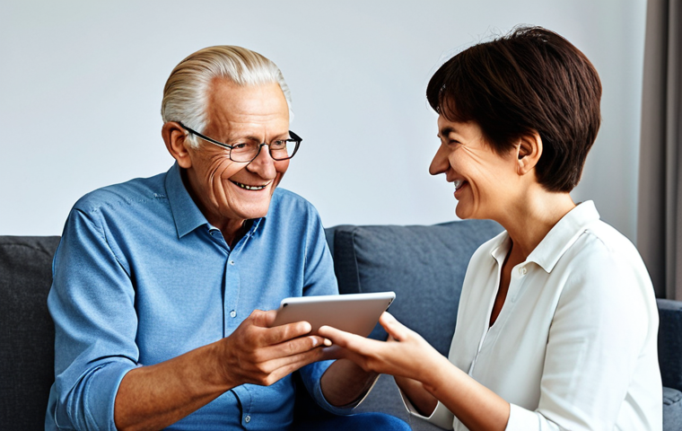 **
A friendly, approachable IT consultant helping a senior citizen learn about password managers on a tablet. The setting is a bright and modern living room with Swedish-style decor. The consultant is demonstrating the password manager app with a clear and simple interface. The senior citizen is smiling and engaged. Both are fully clothed in appropriate attire. Safe for work, appropriate content, fully clothed, professional, family-friendly, perfect anatomy, correct proportions, natural pose, well-formed hands, proper finger count, natural body proportions.
**