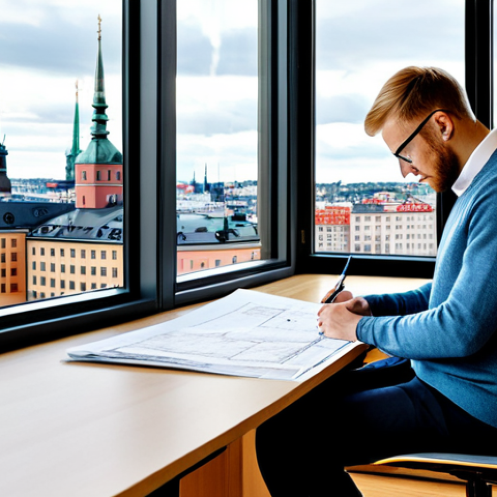 **
"A professional architect, fully clothed in a stylish yet modest Scandinavian-designed outfit (perhaps a fitted sweater and tailored trousers), thoughtfully reviewing blueprints in a bright and airy modern office. Large windows overlook a cityscape of Stockholm with its characteristic buildings. Safe for work, appropriate content, family-friendly, perfect anatomy, well-formed hands, professional quality, natural lighting."
**
