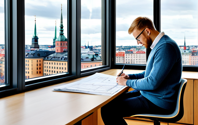 **
"A professional architect, fully clothed in a stylish yet modest Scandinavian-designed outfit (perhaps a fitted sweater and tailored trousers), thoughtfully reviewing blueprints in a bright and airy modern office. Large windows overlook a cityscape of Stockholm with its characteristic buildings. Safe for work, appropriate content, family-friendly, perfect anatomy, well-formed hands, professional quality, natural lighting."
**