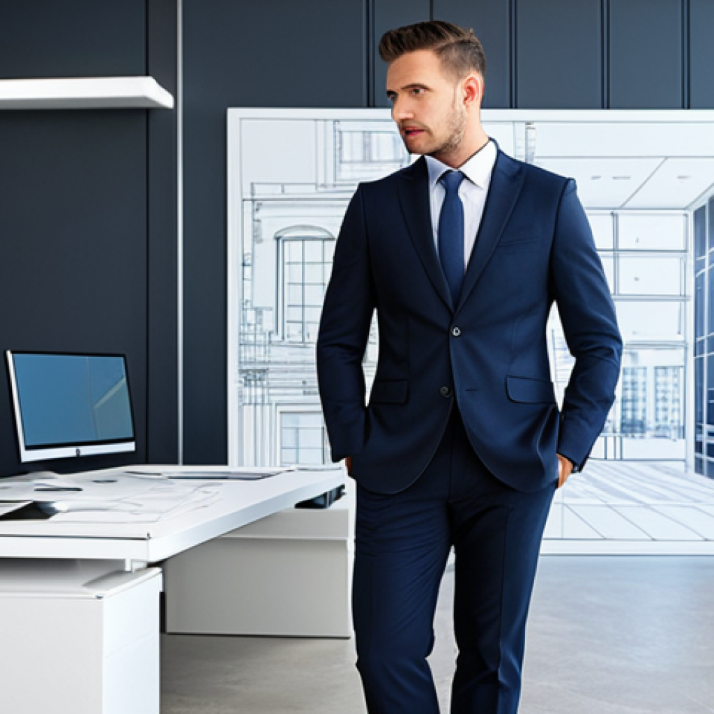 **
A professional architect, fully clothed in a stylish yet modest business attire, stands in a modern architectural office. The background features blueprints and scale models. Perfect anatomy, correct proportions, natural pose, well-formed hands, proper finger count, safe for work, appropriate content, professional, family-friendly.
**