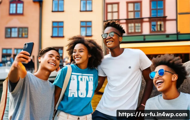 패스워드 관리 시스템의 미래 기술 연구 - "A sunny summer day in Stockholm, Sweden. A group of teenagers are laughing and taking selfies near ...