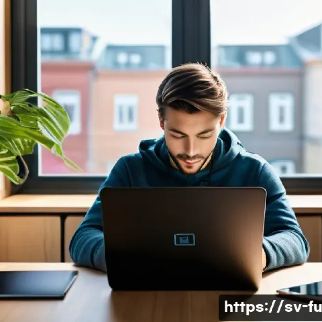 패스워드 관리 시스템과 모바일 애플리케이션 - A modern Scandinavian home office scene featuring a young adult using a sleek laptop and smartphone ...