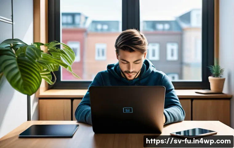 패스워드 관리 시스템과 모바일 애플리케이션 - A modern Scandinavian home office scene featuring a young adult using a sleek laptop and smartphone ...