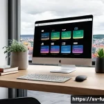 Home 21 비밀번호 관리 도구의 기능 및 사용법 - A modern, sleek home office setup with a Swedish person using a laptop displaying a popular password...