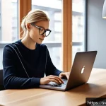 Home 19 패스워드 관리 앱 추천 - A modern Scandinavian home office scene showcasing a young adult using a laptop and smartphone simul...