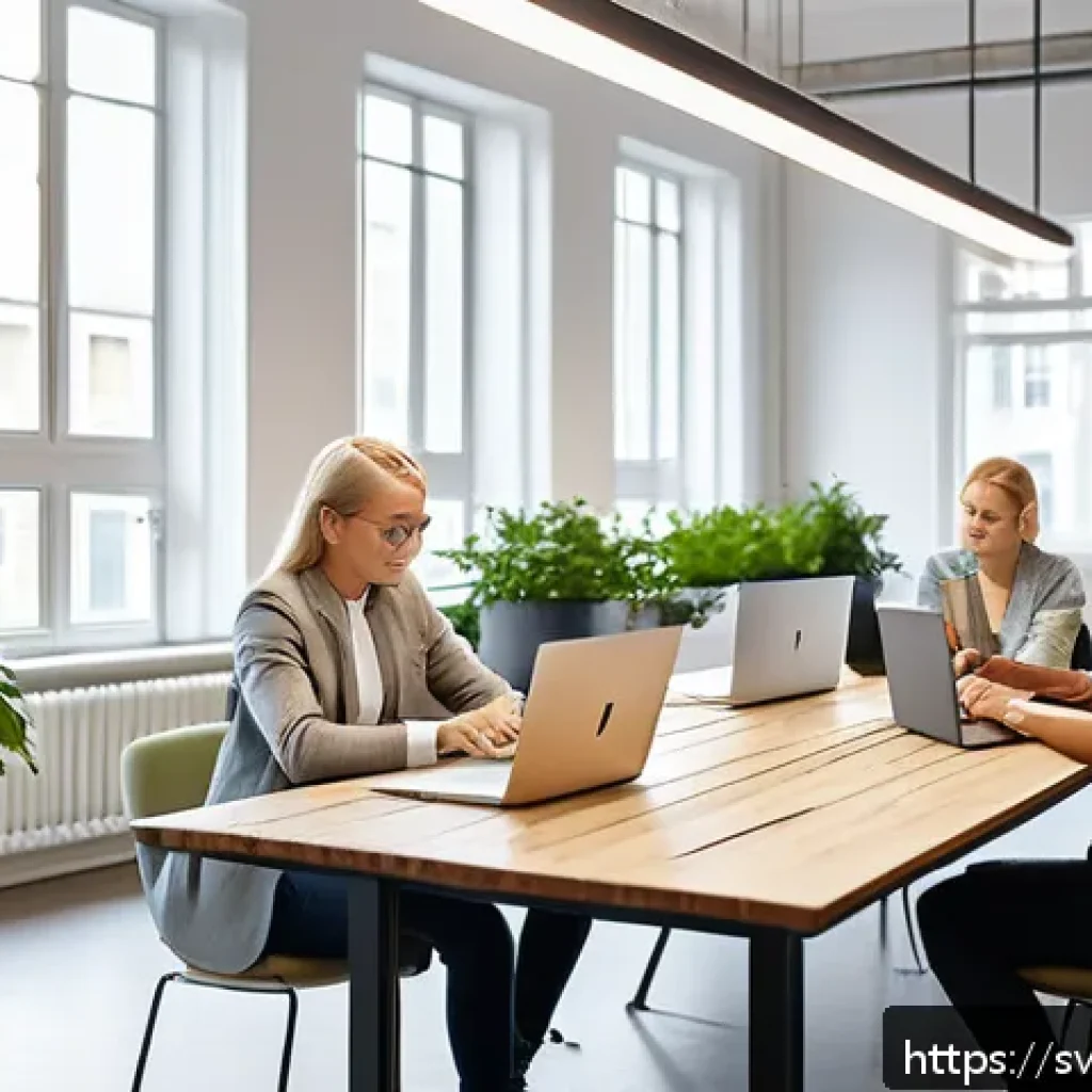업종별 패스워드 관리 시스템 추천 - A modern Scandinavian startup office scene showing a diverse team of young professionals collaborati...