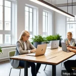 Home 18 업종별 패스워드 관리 시스템 추천 - A modern Scandinavian startup office scene showing a diverse team of young professionals collaborati...