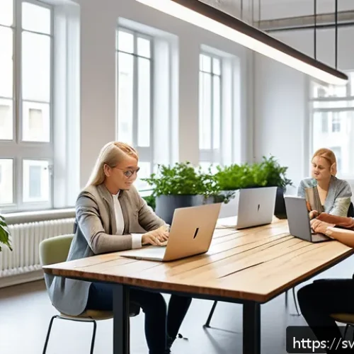 Home 30 업종별 패스워드 관리 시스템 추천 - A modern Scandinavian startup office scene showing a diverse team of young professionals collaborati...