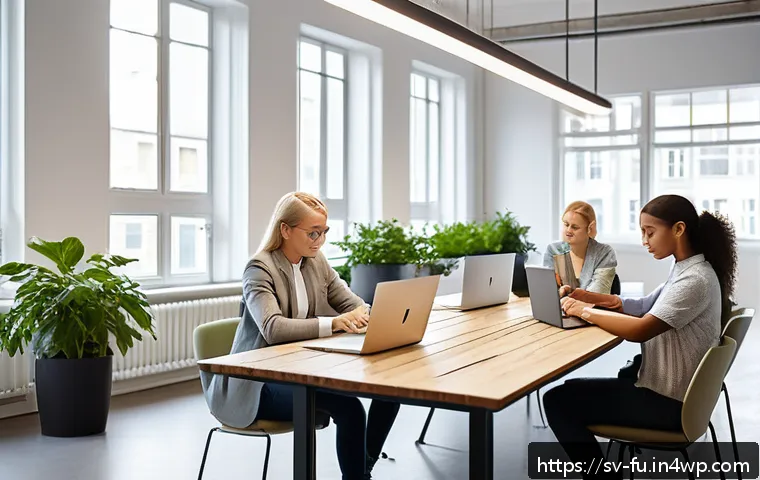 업종별 패스워드 관리 시스템 추천 - A modern Scandinavian startup office scene showing a diverse team of young professionals collaborati...