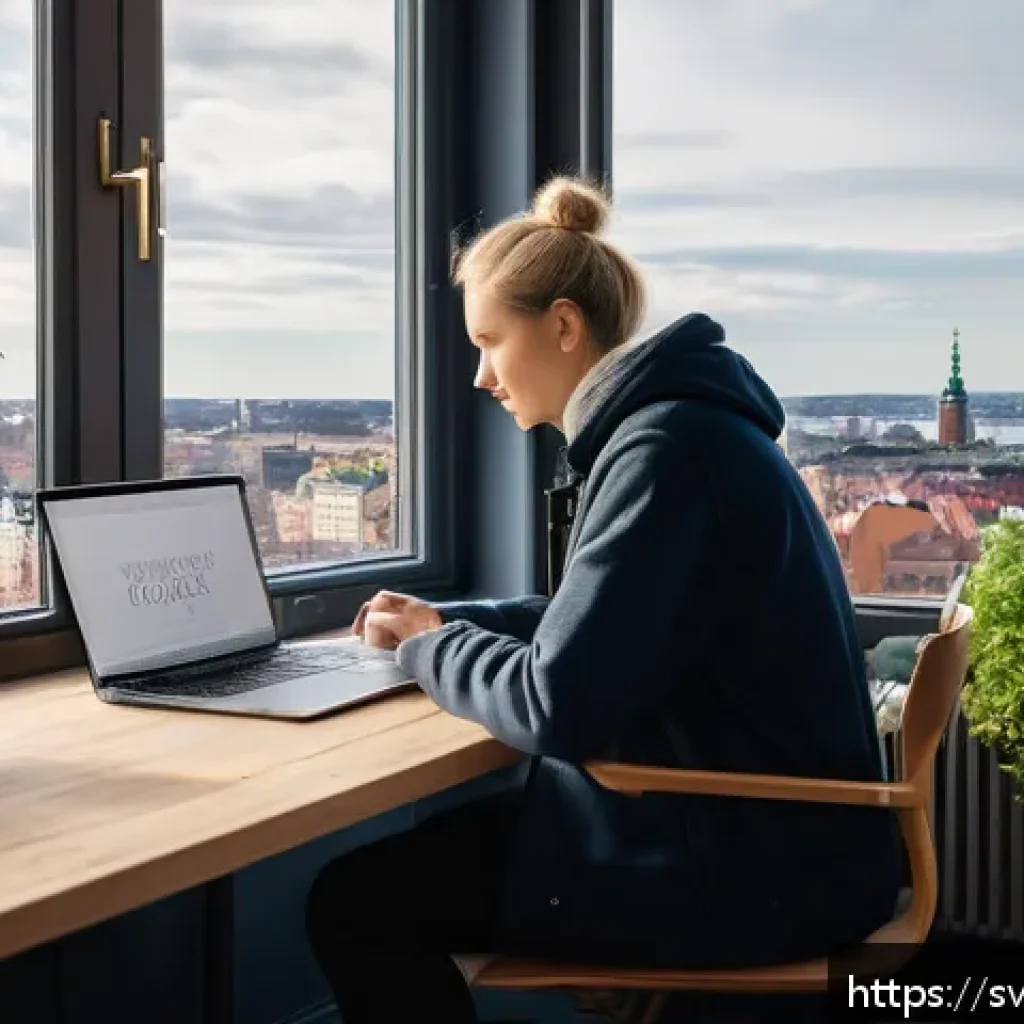 패스워드 공유 및 관리 방법 - A cozy Scandinavian home office setting featuring a young adult sitting at a wooden desk with a slee...