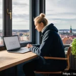 Home 23 패스워드 공유 및 관리 방법 - A cozy Scandinavian home office setting featuring a young adult sitting at a wooden desk with a slee...