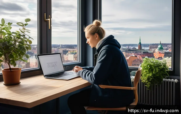 패스워드 공유 및 관리 방법 - A cozy Scandinavian home office setting featuring a young adult sitting at a wooden desk with a slee...