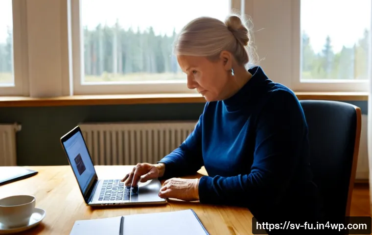 Home 17 비밀번호 변경 시 발생할 수 있는 문제 해결 - Photorealistic Scandinavian home office, a concerned Swedish woman in her 50s using a laptop with a ...